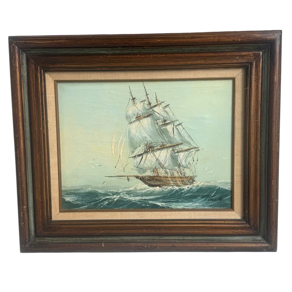Mid 20th Century Framed Oil on Canvas “Clipper Ship at Sea” Artist Signed Paolo